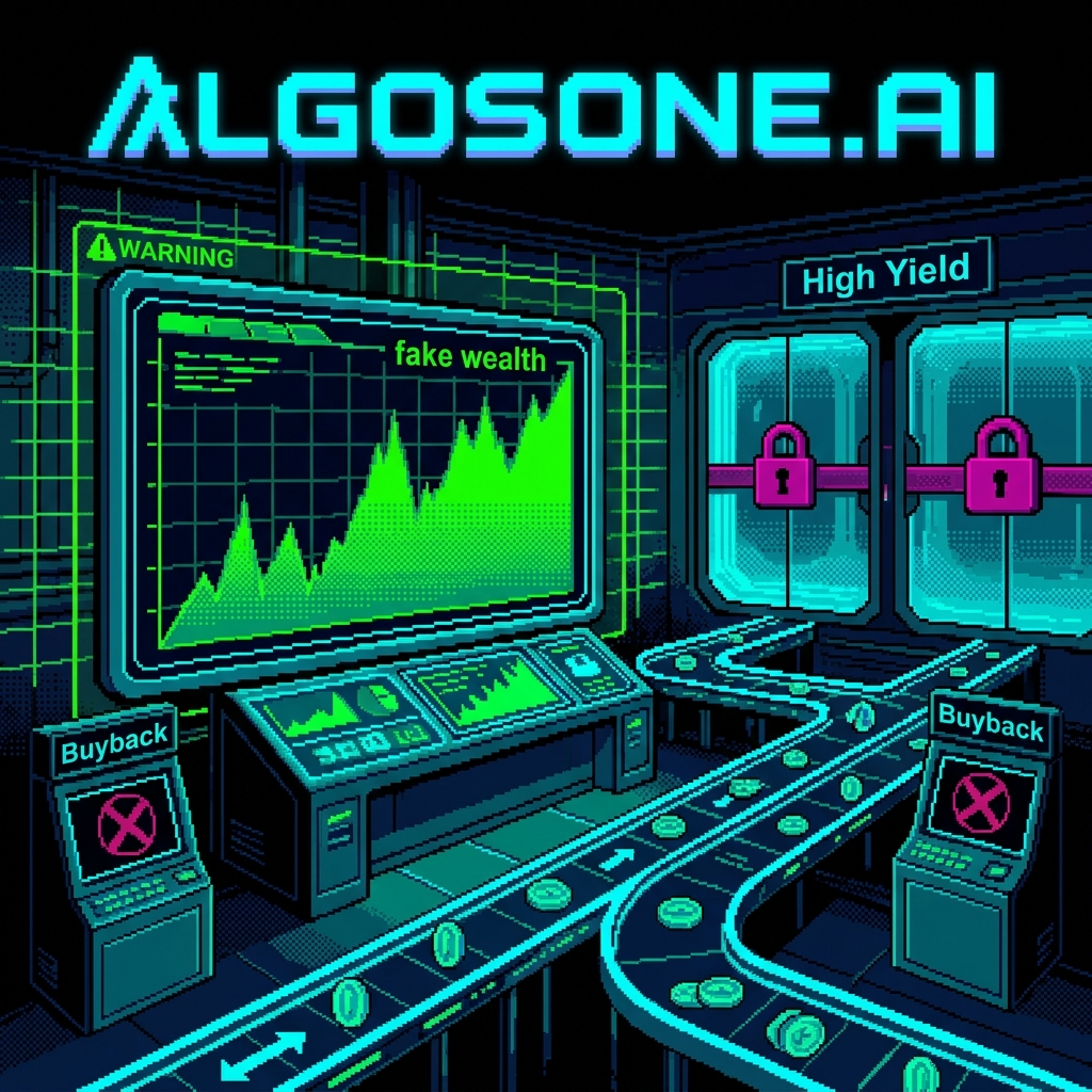 Retro pixel investigation art showing a synthetic trading dashboard and AI-marketing illusion for AlgosOne.ai.