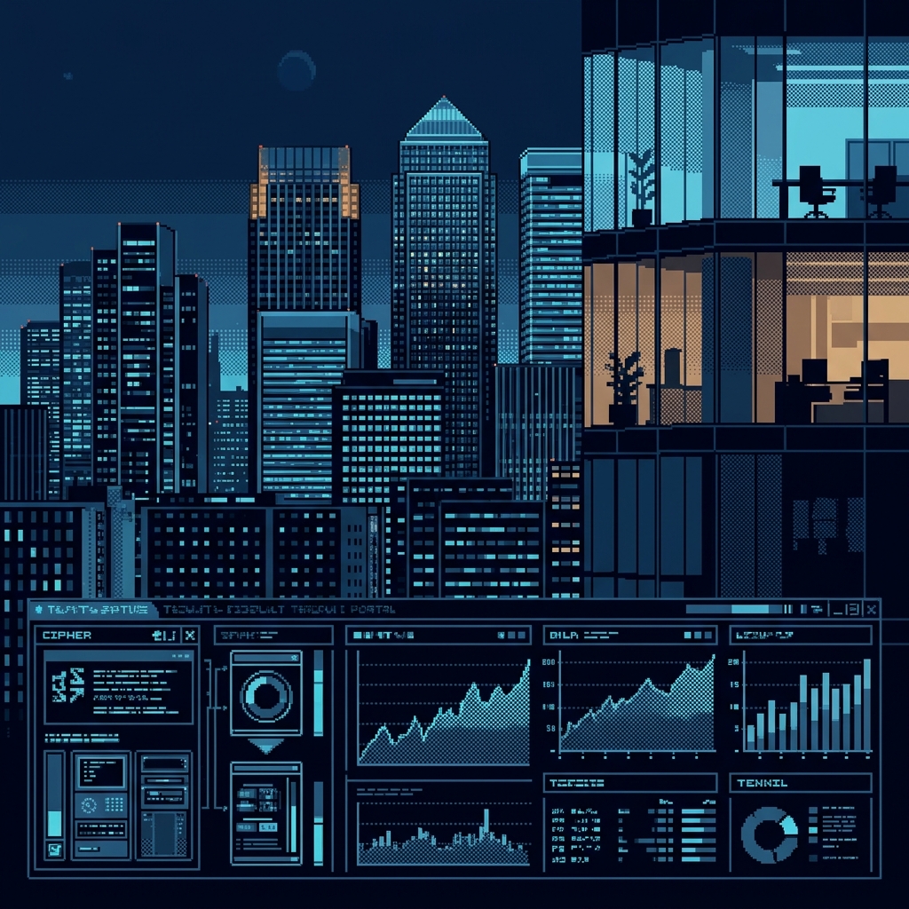 Retro pixel investigation art showing prestige office imagery and false credibility cues for Cipher Trade Markets.