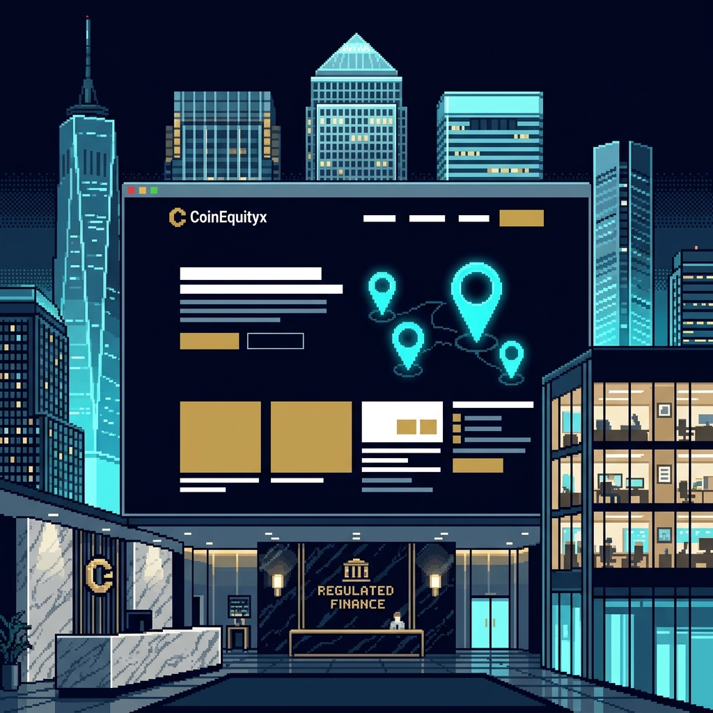 Retro pixel investigation art showing prestige office imagery and false credibility cues for CoinEquityx.