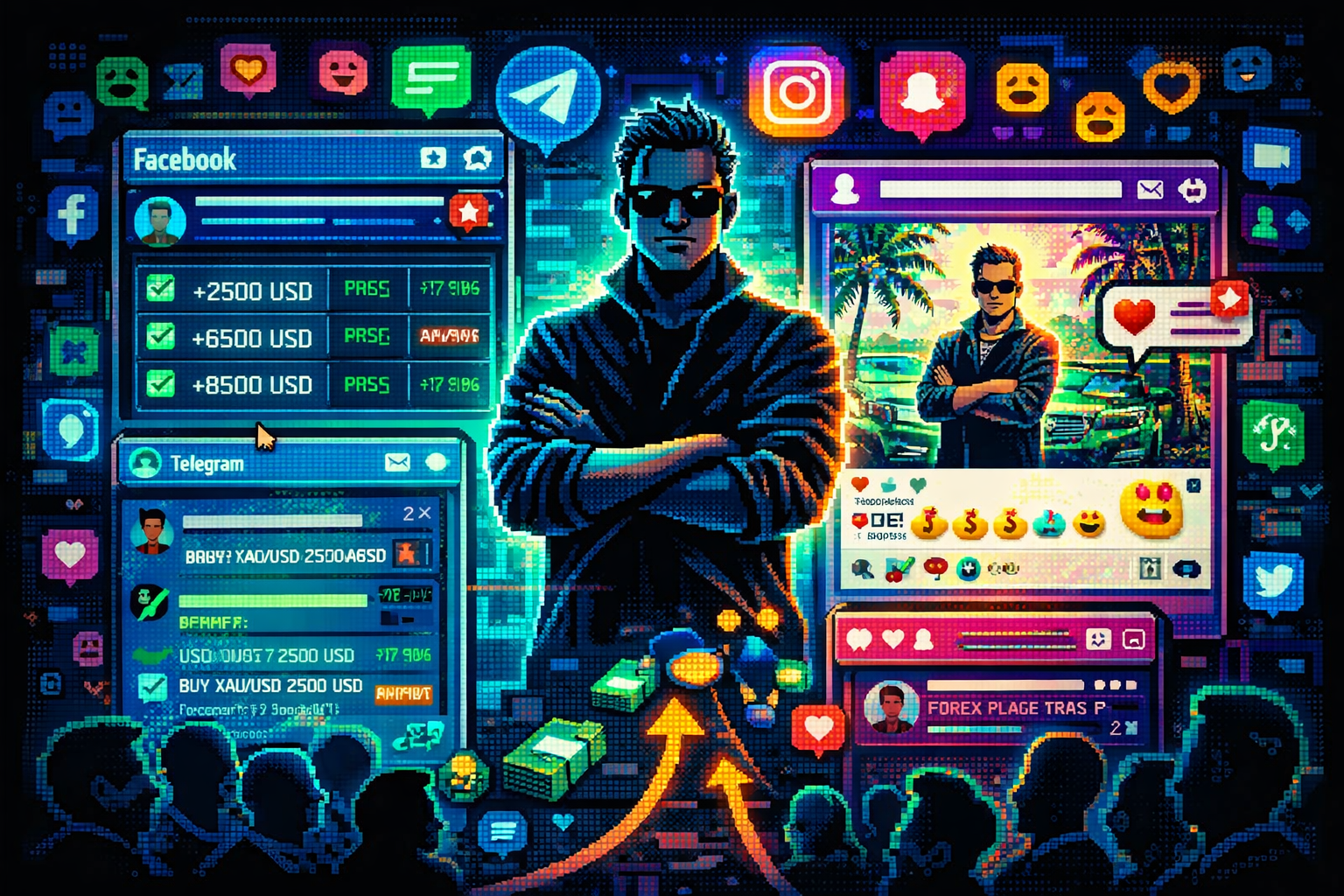 Retro pixel investigation art showing social trading signals, fake PnL screenshots, and warning lights for Lars FP / Forex Place Trade / Forex Place Lars.