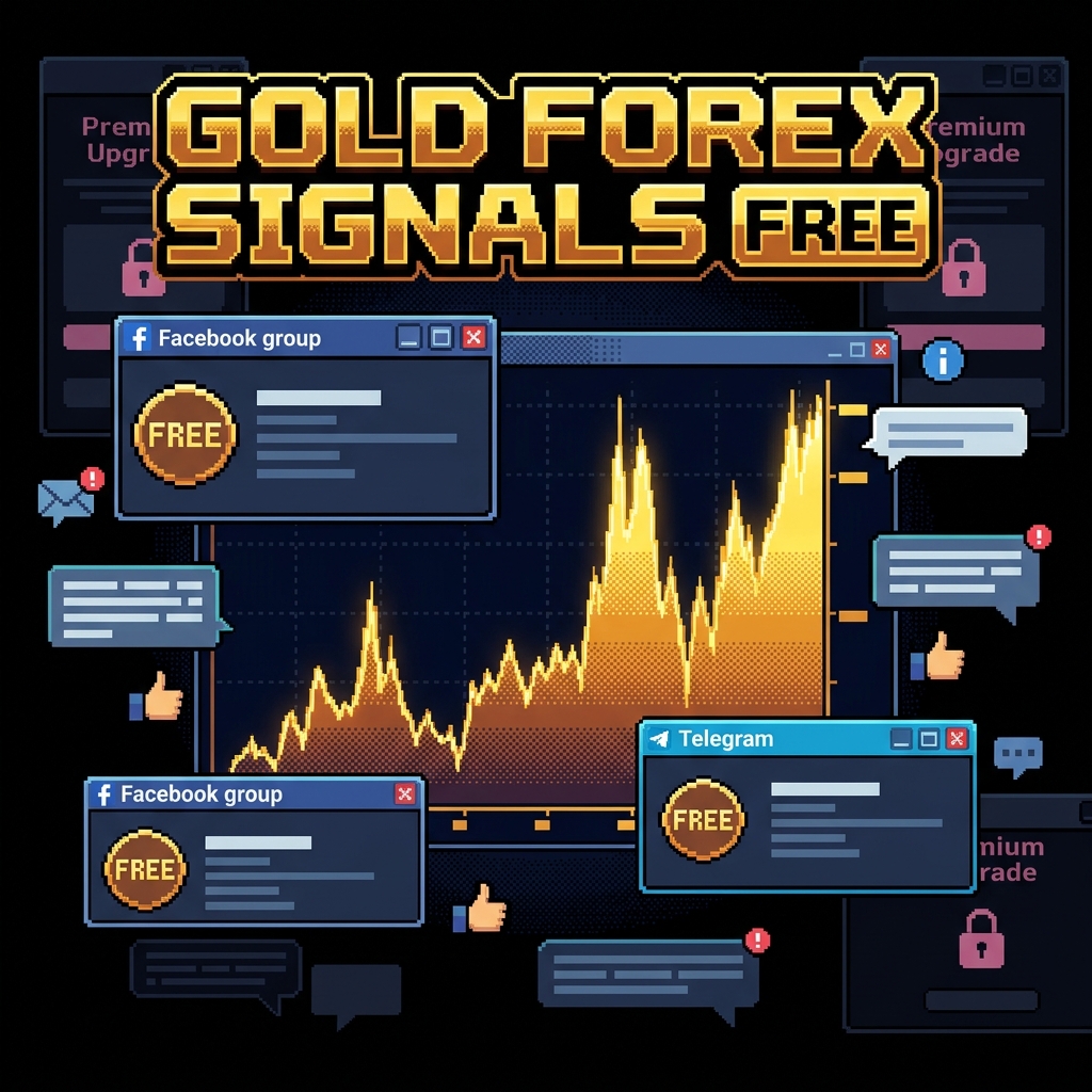 Retro pixel investigation art showing social trading signals, fake PnL screenshots, and warning lights for Gold Forex Signals Free.