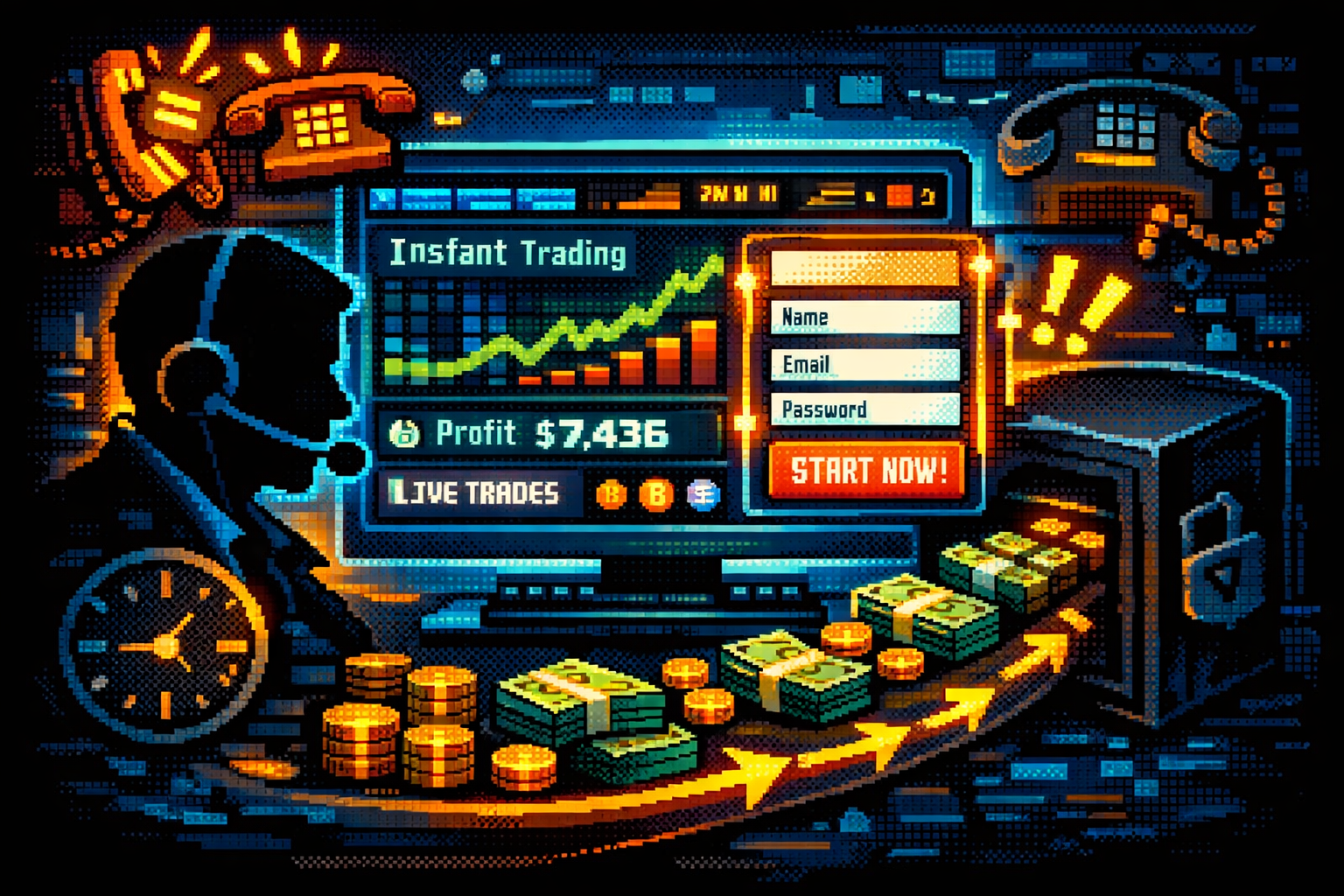 Retro pixel investigation art for Immediate Edge.