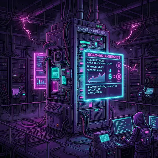 Retro pixel investigation art showing duplicated browser windows and lookalike domains tied to Scam-as-a-service syndicates.