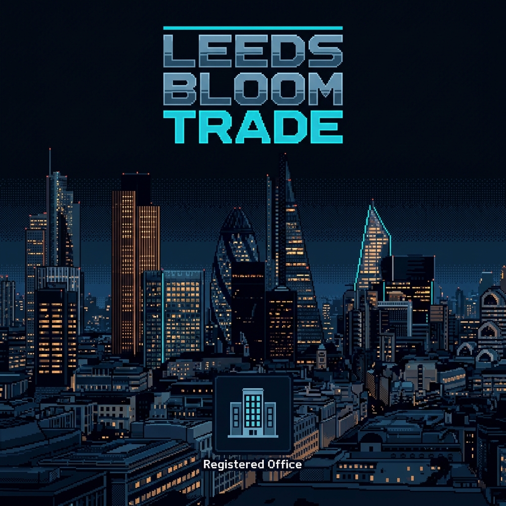 Retro pixel investigation art showing prestige office imagery and false credibility cues for Leeds Bloom Trade / leedsbloom.com.