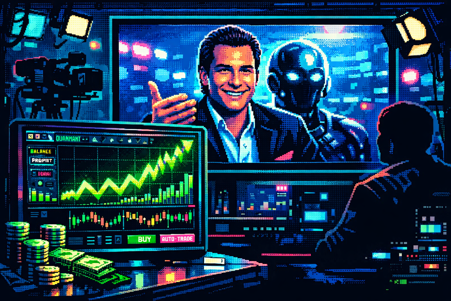 Retro pixel investigation art showing a synthetic trading dashboard and AI-marketing illusion for Quantum AI.