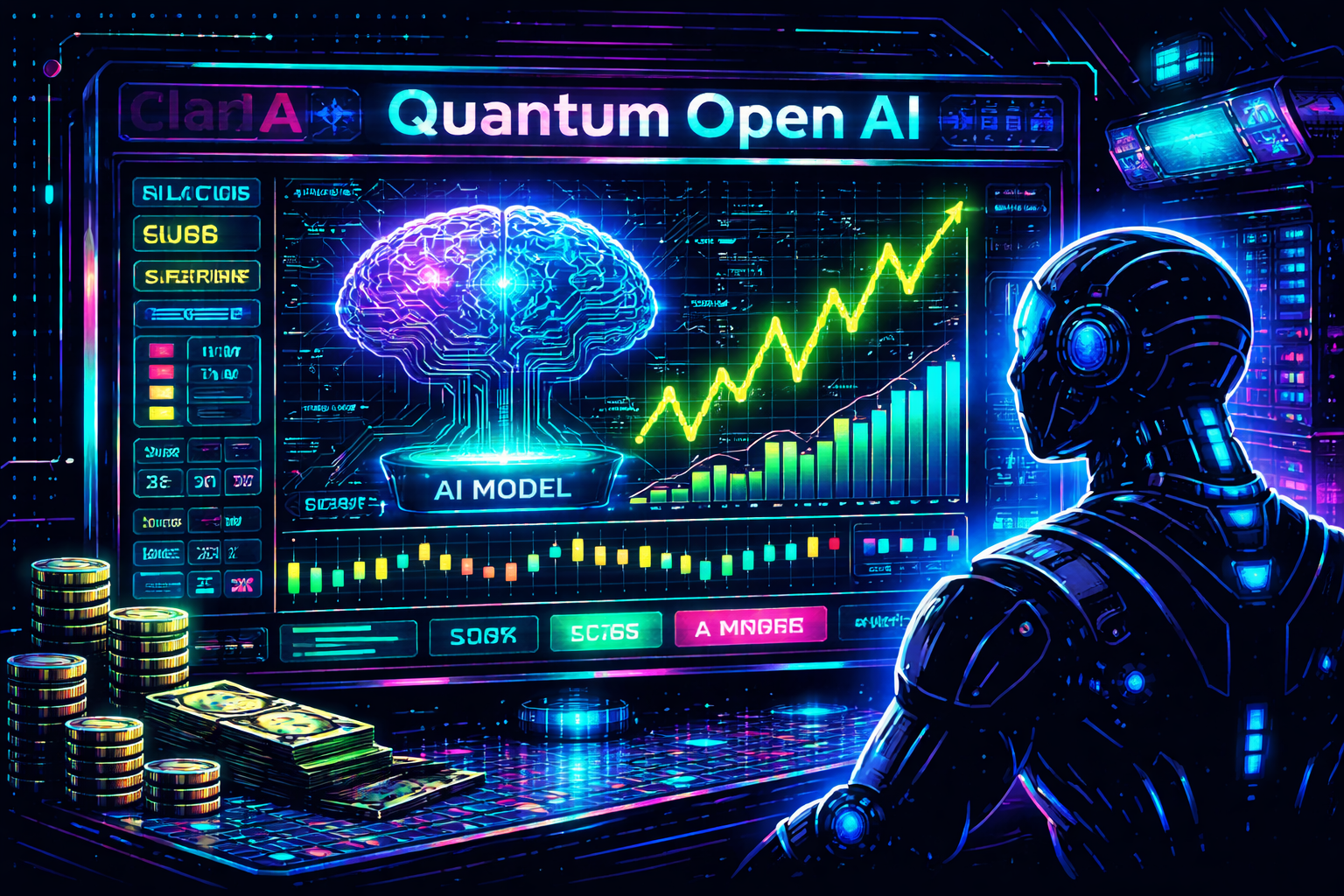 Retro pixel investigation art showing a synthetic trading dashboard and AI-marketing illusion for Quantum Open AI.