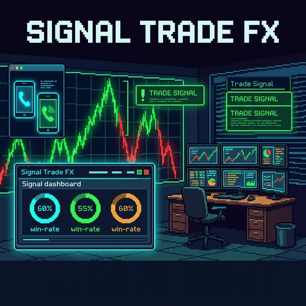 Retro pixel investigation art showing social trading signals, fake PnL screenshots, and warning lights for Signal Trade FX / signaltradefx.com.