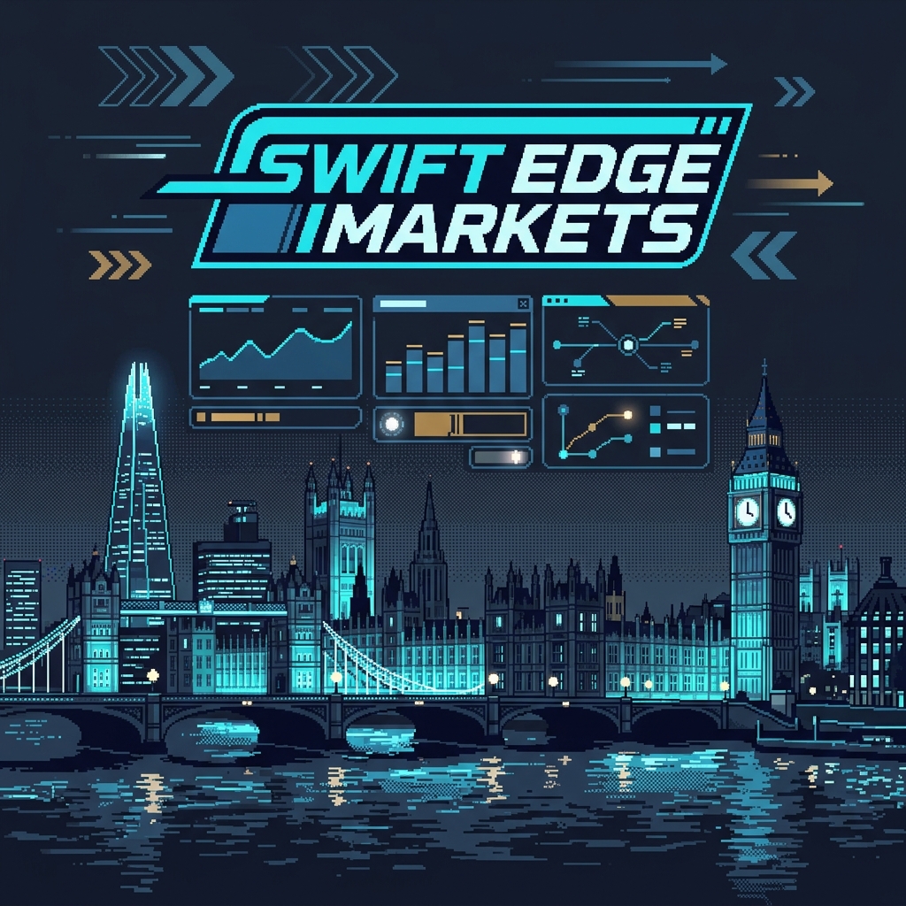 Retro pixel investigation art showing prestige office imagery and false credibility cues for Swift Edge Markets.