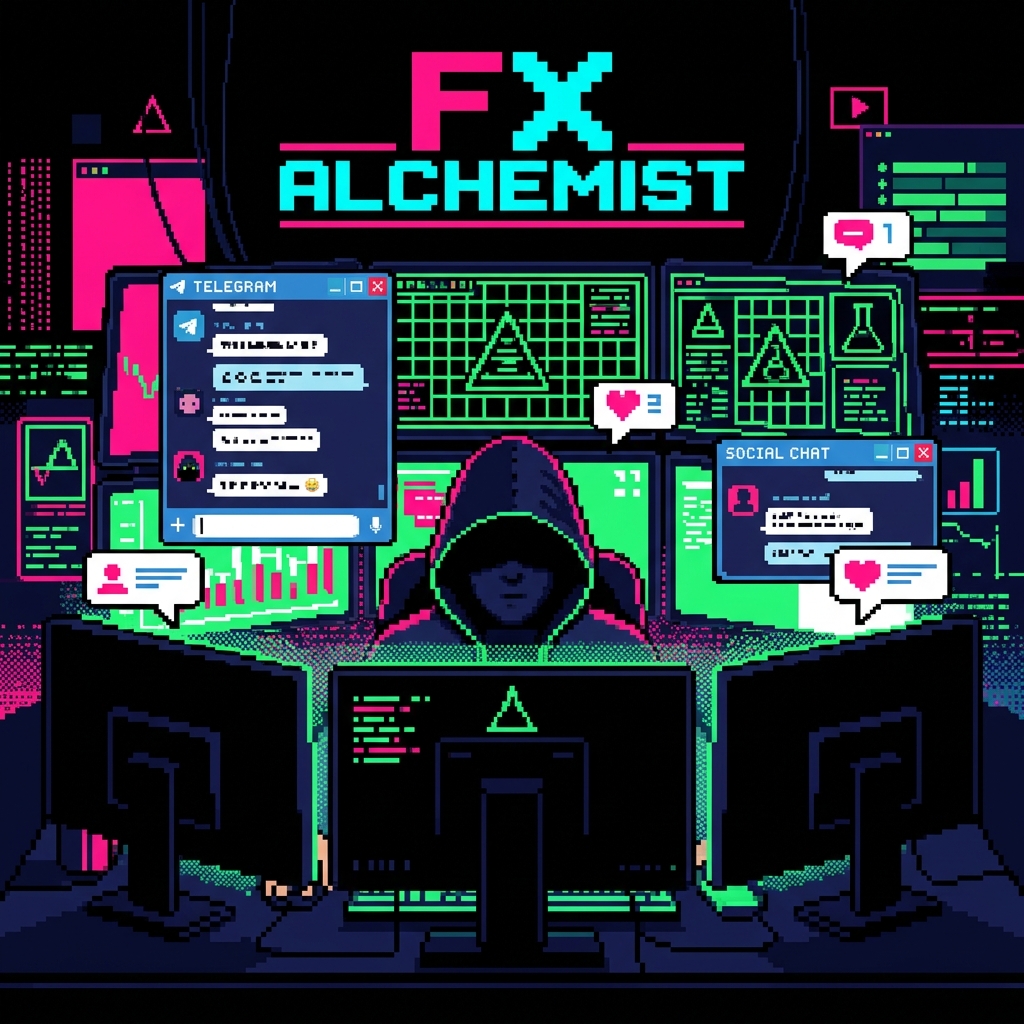 Retro pixel investigation art showing social trading signals, fake PnL screenshots, and warning lights for The Algorithmic Trader / FxAlchemist.