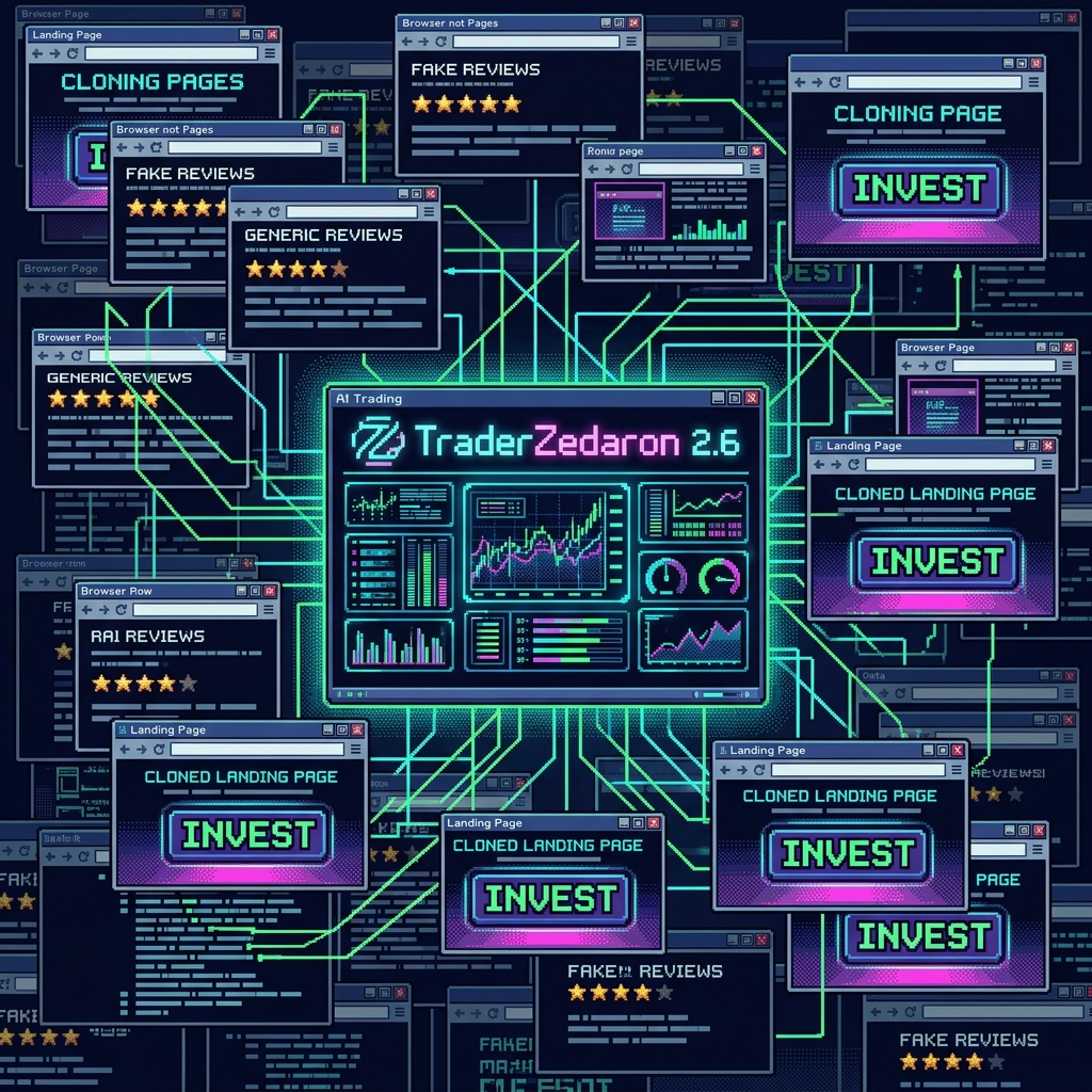 Retro pixel investigation art showing a synthetic trading dashboard and AI-marketing illusion for TraderZedaron 2.6 AI.